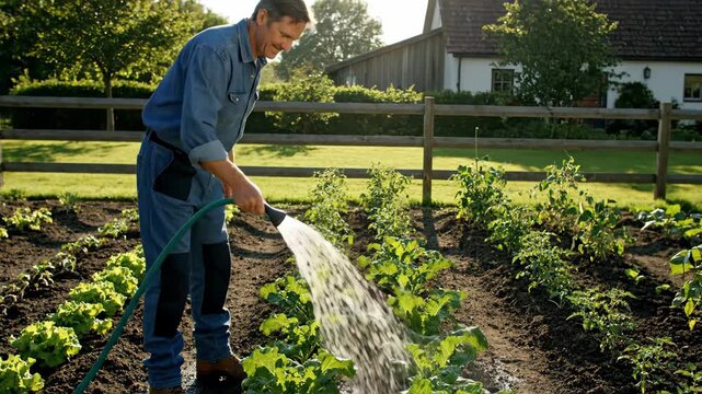 A man in a denim suit waters a lush vegetable garden, sunlight glows. A house is in background