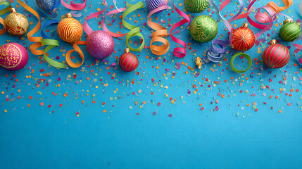 Vibrant holiday border with multicolor ornaments, ribbon curls, playful confetti on bright blue background 