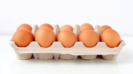 Egg Tray: A close-up shot of a dozen fresh, brown eggs nestled in their cardboard tray. The eggs are arranged in neat rows, highlighting their smooth texture and uniform shape.