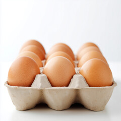 Carton of Fresh Eggs: A dozen fresh, brown eggs nestled in a classic cardboard carton, a simple yet essential culinary staple.