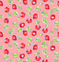 Whimsical cherry delight pattern with fresh green leaves on a pink background, perfect for summer textiles or cheerful kitchenware designs and backgrounds
