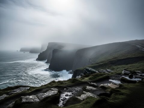 Moody cliff-side coastline with dramatic clouds &mdash; coastal landscape