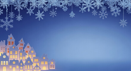 Graphic image of winter scene with paper snowflakes and row of houses with glowing windows, symbolizing holiday season, Christmas atmosphere, celebration