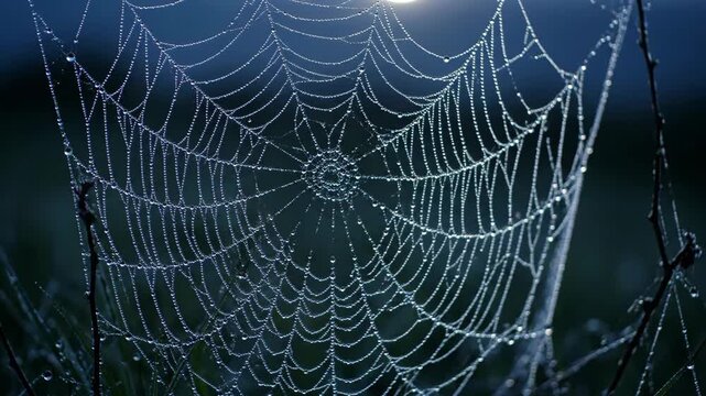 A close-up showcases a spiderweb adorned with dewdrops, backlit by the sun. The web's intricate structure, details, and luminosity are beautifully highlighted