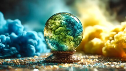 A glass ball with a green and blue swirls on it sits on a table next to some smoke
