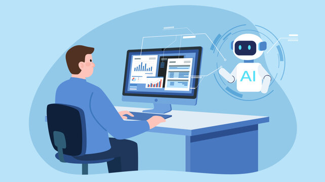 Businessman using a computer to work with AI. Data and charts are displayed on the screen, and a AI robot is shown assisting.The collaboration between humans and AI in data analysis or business tasks.