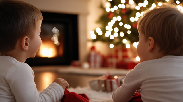 Two young children sit side by side, gazing at a beautifully lit Christmas tree, creating a serene moment that captures the essence of family warmth and childhood wonder during the holidays.