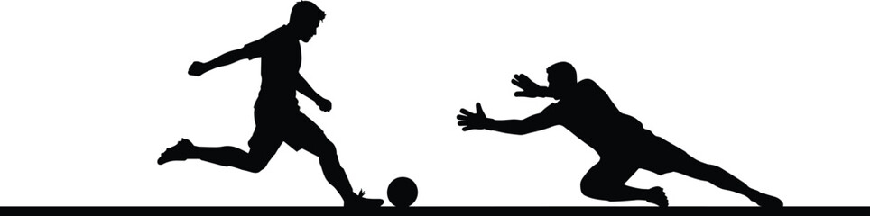 Soccer duel silhouette—black vector of striker kicking and goalkeeper diving to block ball