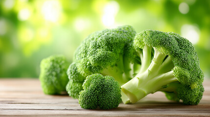 Fresh Broccoli Harvest: Close-up of vibrant, nutritious broccoli florets, showcasing their natural, vivid green hue and textured surfaces, on a wooden surface, set against a blurred.