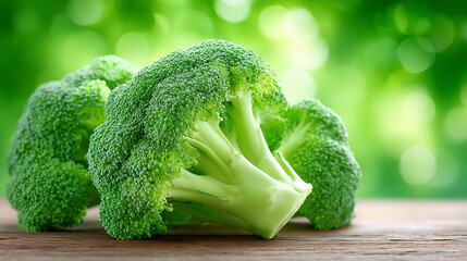 Fresh Broccoli Heads: Three vibrant broccoli heads rest on a rustic wooden surface, their verdant hue contrasting beautifully against a blurred, leafy background.
