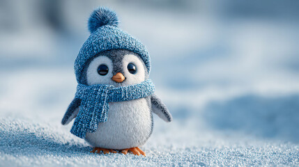 A small penguin wearing a blue hat and a blue scarf is standing on a snowy surface. Concept of warmth and coziness, as the penguin is dressed for the cold weather