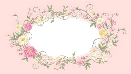 An oval floral frame with pink and yellow flowers, perfect for invitations or decorations.