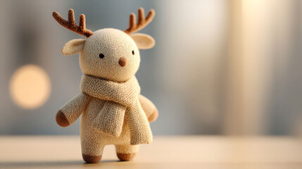 A stuffed animal deer with antlers and a scarf around its neck. The image has a cozy and warm feeling, as the deer is dressed in winter clothing and standing on a wooden surface