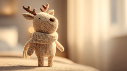 A stuffed animal deer with antlers and a scarf around its neck. The image has a cozy and warm feeling, as if the deer is a comforting companion