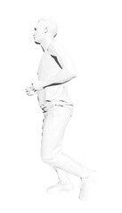 Obraz premium A determined man runs with focused expression in a white shirt and shorts against a plain background, depicted in a dynamic polygonal art style.