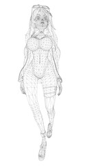 Anime girl in swimsuit with long flowing hair, wireframe model showing body contours and proportions.