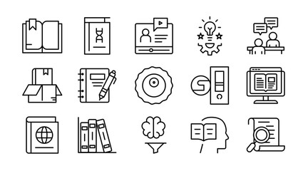 Knowledge line icon set. Education, learning, books, study, school, AI, cognition, brain, library, teaching, idea, training, knowledge sharing, academic icons vector illustration. Pixel-perfect stroke
