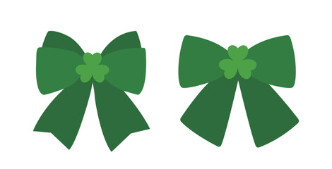Set of St. Patrick's Day Green clover Bow flat vector illustration.
Green Bow with Shamrock Decoration. 
White background.