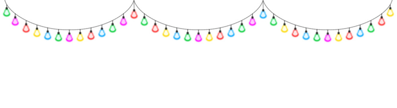 Festive garland with multicolored lights hanging from the ceiling. PNG file on a transparent background. Vector illustration.