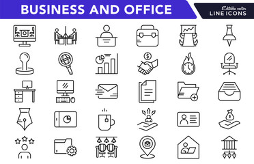 Office and Business Line Icon Set. Workplace, meeting, team, office desk, work, communication, document, presentation, finance, management, productivity icons vector illustration. Pixel-perfect stroke