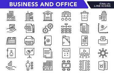 Office and Business Line Icon Set. Workplace, meeting, team, office desk, work, communication, document, presentation, finance, management, productivity icons vector illustration. Pixel-perfect stroke