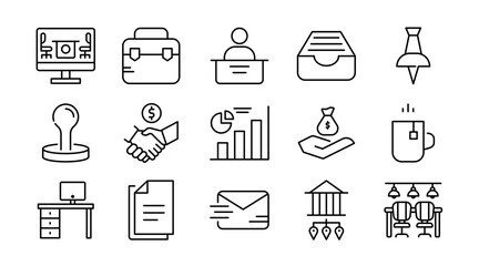 Office and Business Line Icon Set. Workplace, meeting, team, office desk, work, communication, document, presentation, finance, management, productivity icons vector illustration. Pixel-perfect stroke