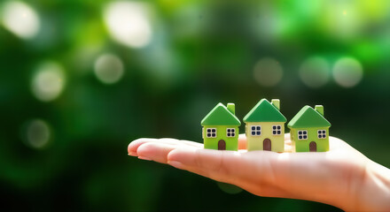 A hand gently holds three small, green house models against a vibrant, blurred natural green background, symbolizing ecofriendly living, sustainable real estate, and future housing