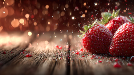 Three red strawberries on a wooden table. The strawberries are surrounded by a red splash of juice. The image has a warm, inviting mood