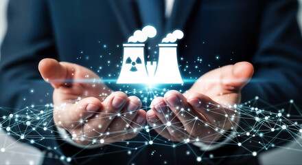 Hands holding a glowing nuclear power plant icon, surrounded by a digital network, symbolizing energy, technology, power generation, and global connectivity
