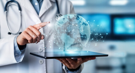 Doctor holding a digital tablet with a glowing holographic globe projection, symbolizing global health, medical technology, digital healthcare, and worldwide connectivity in medicine and science