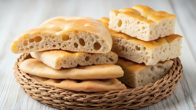 Golden Focaccia Stack Rustic Italian Bread on Wicker.