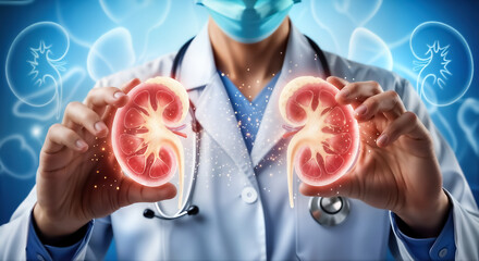 Doctor in lab coat and mask holds glowing human kidneys, symbolizing medical care, organ health, and advanced diagnostics in a vibrant blue, abstract background