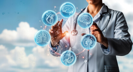 Doctor interacting with a futuristic holographic display of human organs, symbolizing advanced medical technology, digital healthcare, and innovative diagnostic solutions