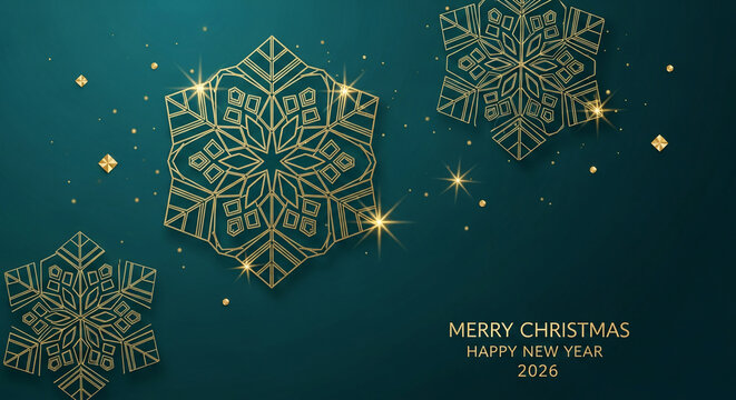 Three geometric gold snowflakes on teal background. Festive season greeting representing winter holidays, celebration, and elegant event themes - Powered by Adobe