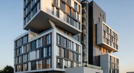 Two modern, multi-story residential buildings with glass facades and balconies, set against a clear blue sky.