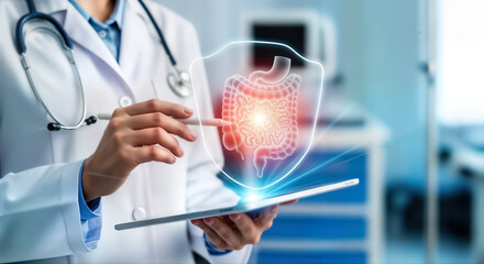 Doctor uses a digital tablet to display a holographic human digestive system, showing protected intestines, symbolizing advanced medical technology for gut health