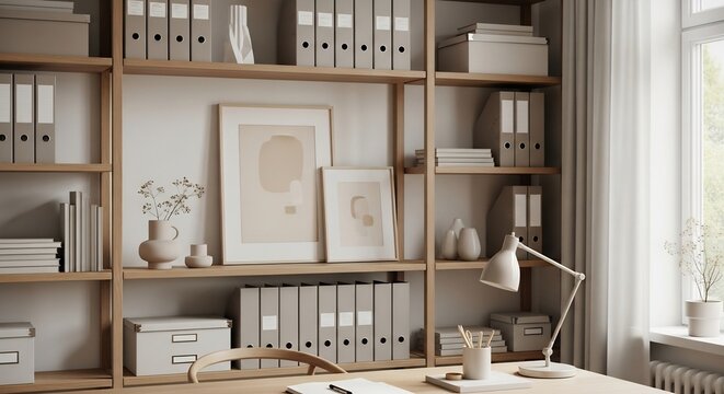 Minimalist office space with light wood shelves beige decor items and a clean desk setup