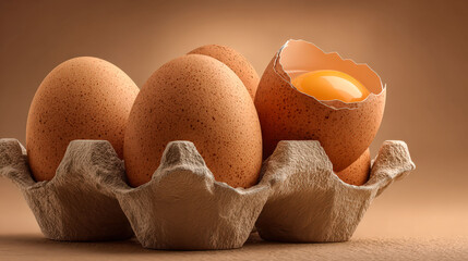 A carton of eggs with one egg missing. The carton is brown and the eggs are brown