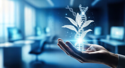 A human hand cradles a glowing plant with an illuminated dna helix, symbolizing biotechnology, genetic engineering, and sustainable innovation in a futuristic lab environment