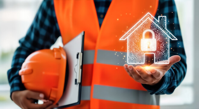 A worker in an orange safety vest holds a hard hat and clipboard, presenting a glowing digital house icon with a padlock, symbolizing home security, property protection, and digital future