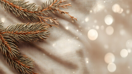 Warm beige holiday flat lay with pine branches, caramel tones, soft bokeh, large empty area