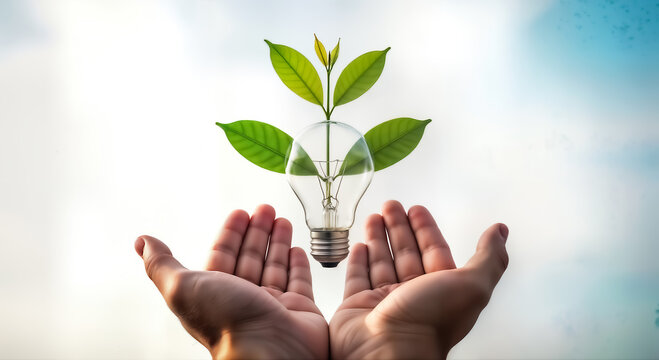 Hands gently cradling a lightbulb with a thriving green plant growing within, representing sustainable energy, environmental conservation, innovation, and a hopeful future