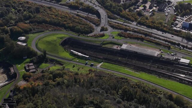 English tunnel channel, entrance, railway tunnel from United Kingdom to France. Traffic boarding the train.
