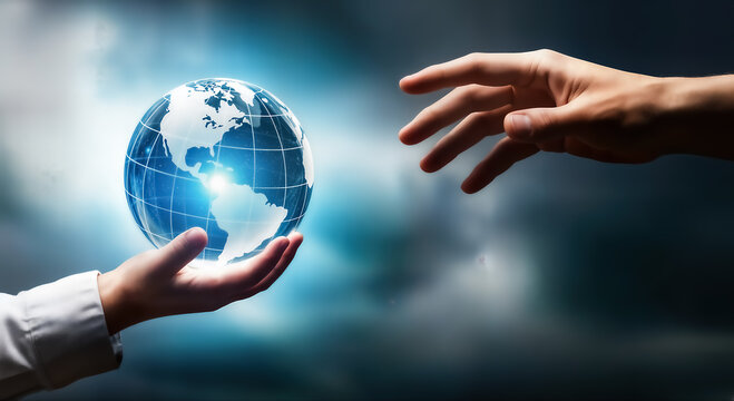A human hand gently cradling a glowing blue digital globe, symbolizing global connectivity and technological advancement, with another hand reaching out, representing collaboration