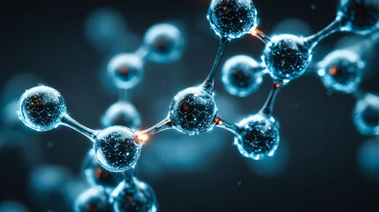 A close up of a bunch of small spheres that are blue and black. The spheres are arranged in a way that they look like they are connected to each other. The image has a scientific feel to it