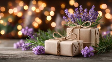 Christmas Gift Boxes Adorned With Lavender and Rosemary Create a Charming Holiday Scene With Warm Bokeh Lights in the Background