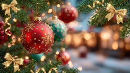 Colorful Ornaments Hang From Lush Green Branches, Creating a Warm and Festive Atmosphere for the Holiday Season