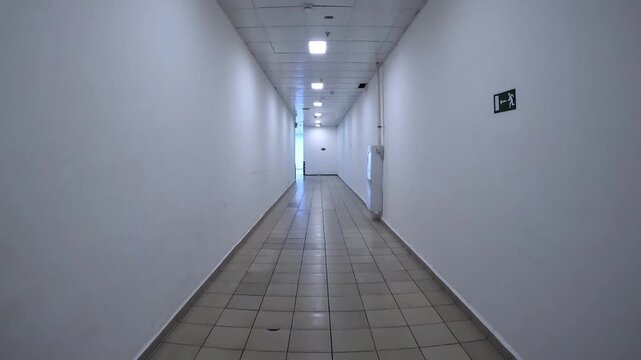 Long, narrow corridor with textured white walls, tiled floor, and fluorescent lighting. Backstage. This creates sense of anxiety and disorientation, confinement, isolation. Slow, forward movement.
