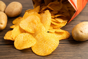 Potato chips, delicious BBQ seasoning spicy for crips, thin slice deep fried snack fast food in open bag.