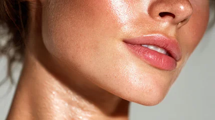 Fotobehang Schoonheidssalon A woman with a very clean and shiny face. She has a very nice smile. Concept of confidence and beauty  © LarisaM